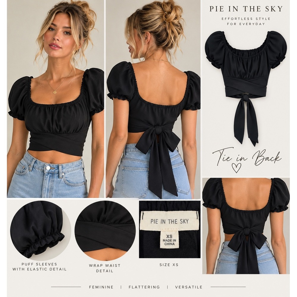 Pie in the Sky Black Puff Sleeve Back Bow Crop Top XS
